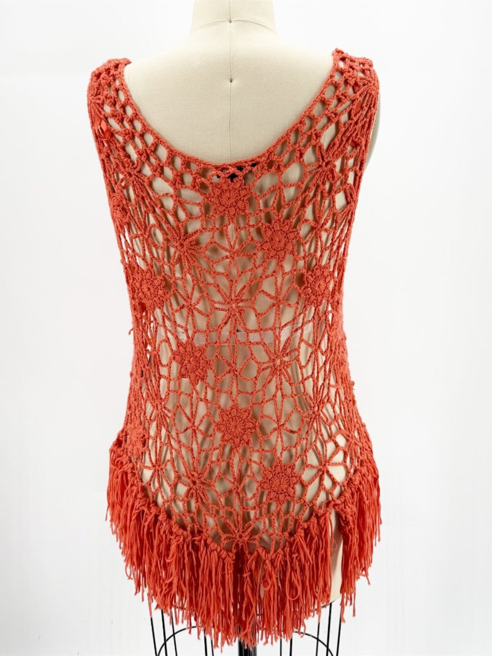 Y2K Lisa International rustic orange fringe knit crochet boho tank top M - Picture 3 of 9